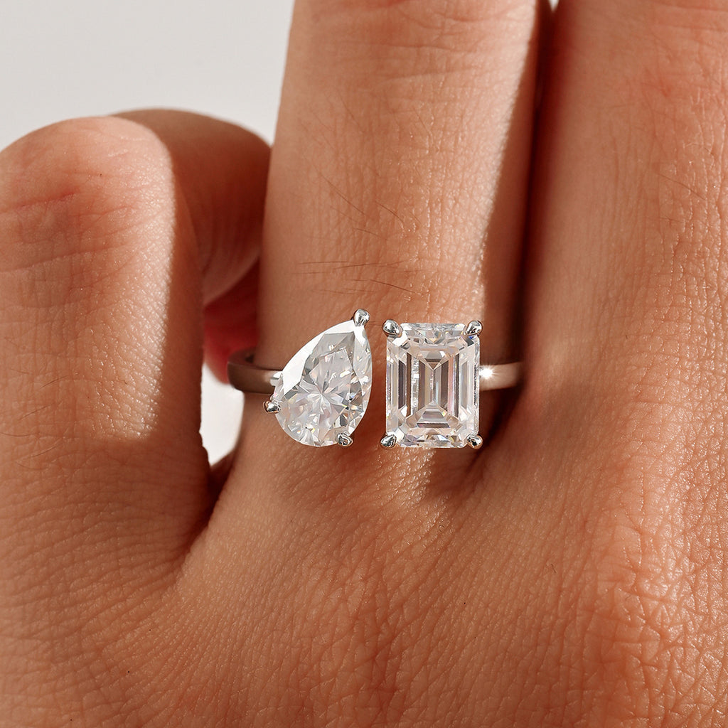 Adjustable Tardrop Shaped Rectangular Moissanite  925 Sterling Silver Ring