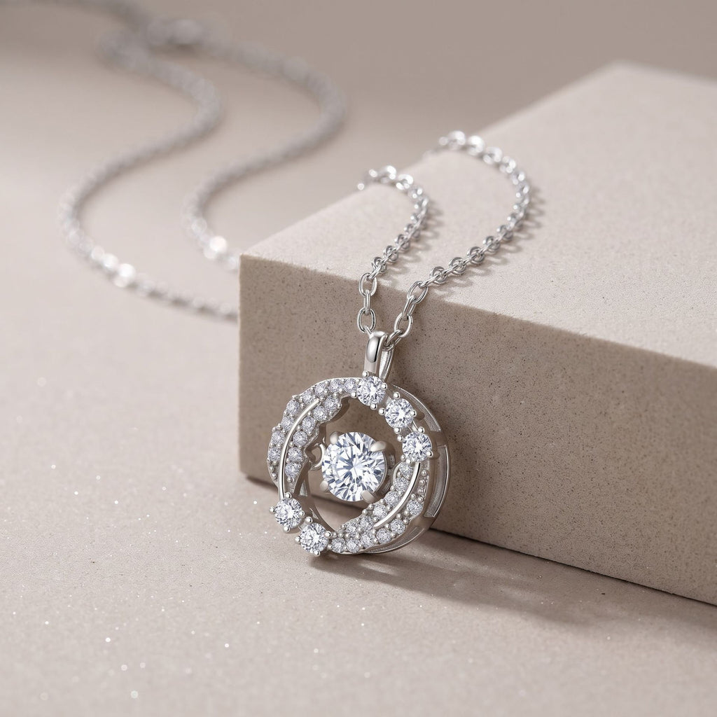 Moissanite Wing Halo Round Pendant 925 Sterling Silver Micro Pave Elegant Fashion Necklace