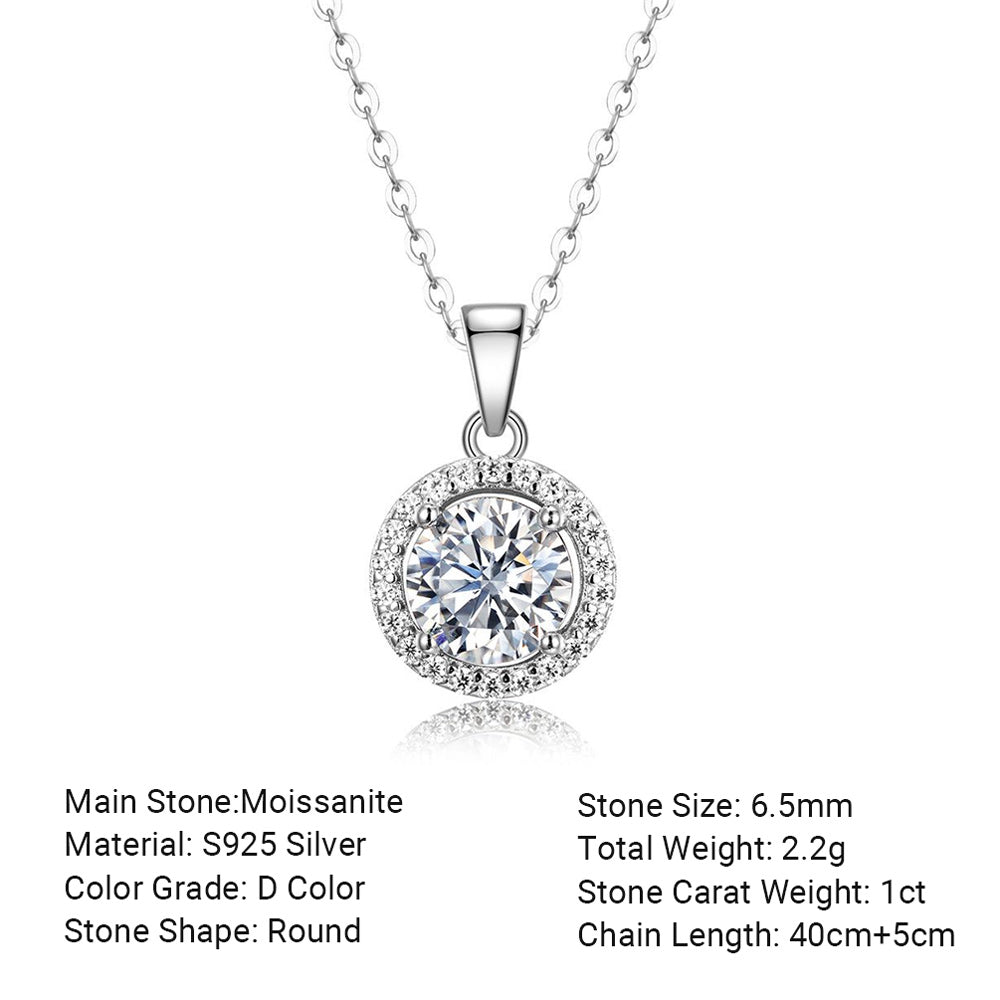 Round Halo White Moissanite 925 Sterling Silver Pendant Necklace