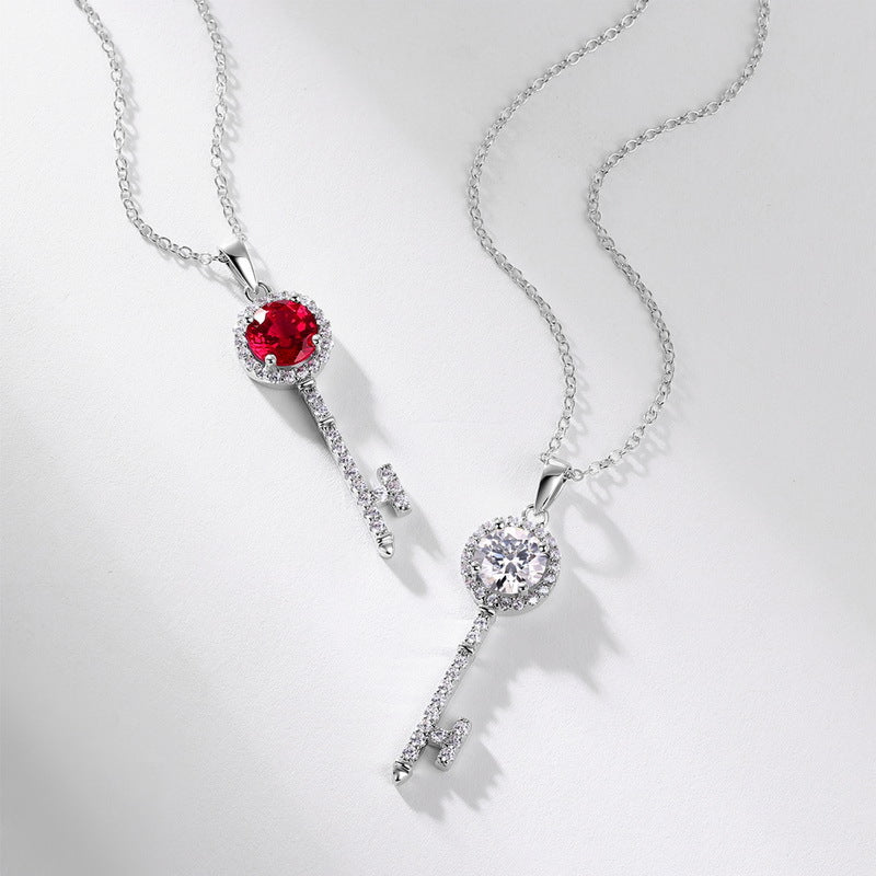 Key Shape Lab-Grown Ruby And Moissanite Halo Pendant  925 Sterling Silver  Necklace