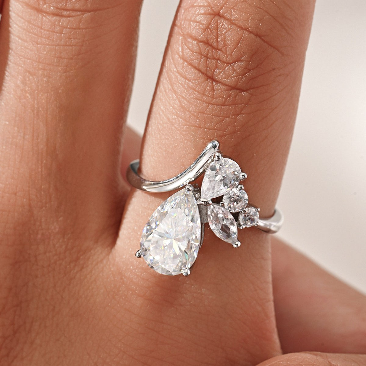 Moissanite Teardrop Centre Stone With Marquise-Cut Side Stones 925 Sterling Silver Ring