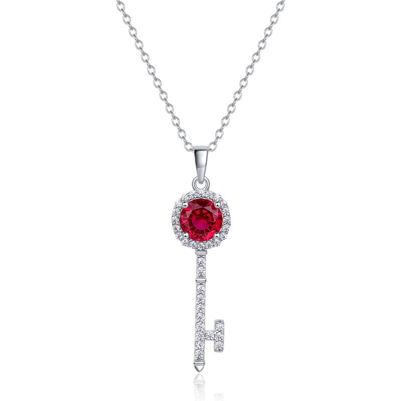 Key Shape Lab-Grown Ruby And Moissanite Halo Pendant  925 Sterling Silver  Necklace