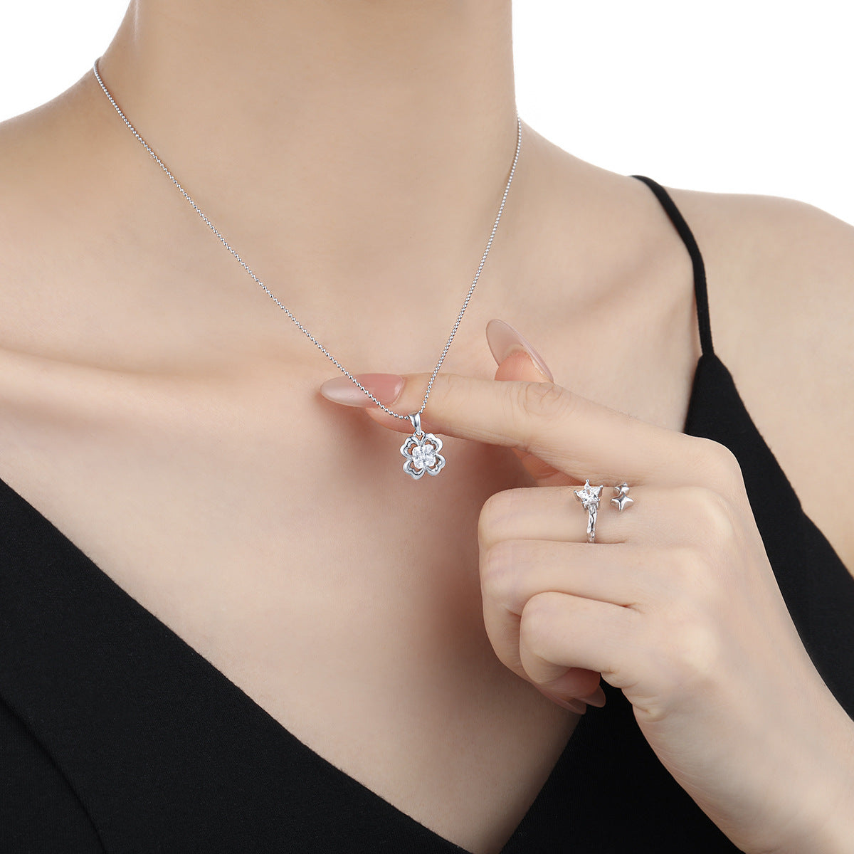 Clover Flower Cubic Zirconia 925 Sterling Silver Ball Chain Necklace