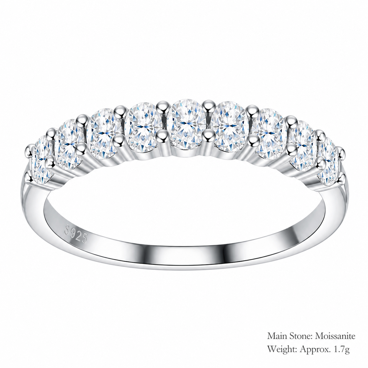 Nine Stone Row Moissanite 925 Sterling Silver Ring Shared Prong Half Eternity Band for Women Fashion Commuter Elegant Minimalist Daily Wear Wedding Anniversary Gift Jewelry