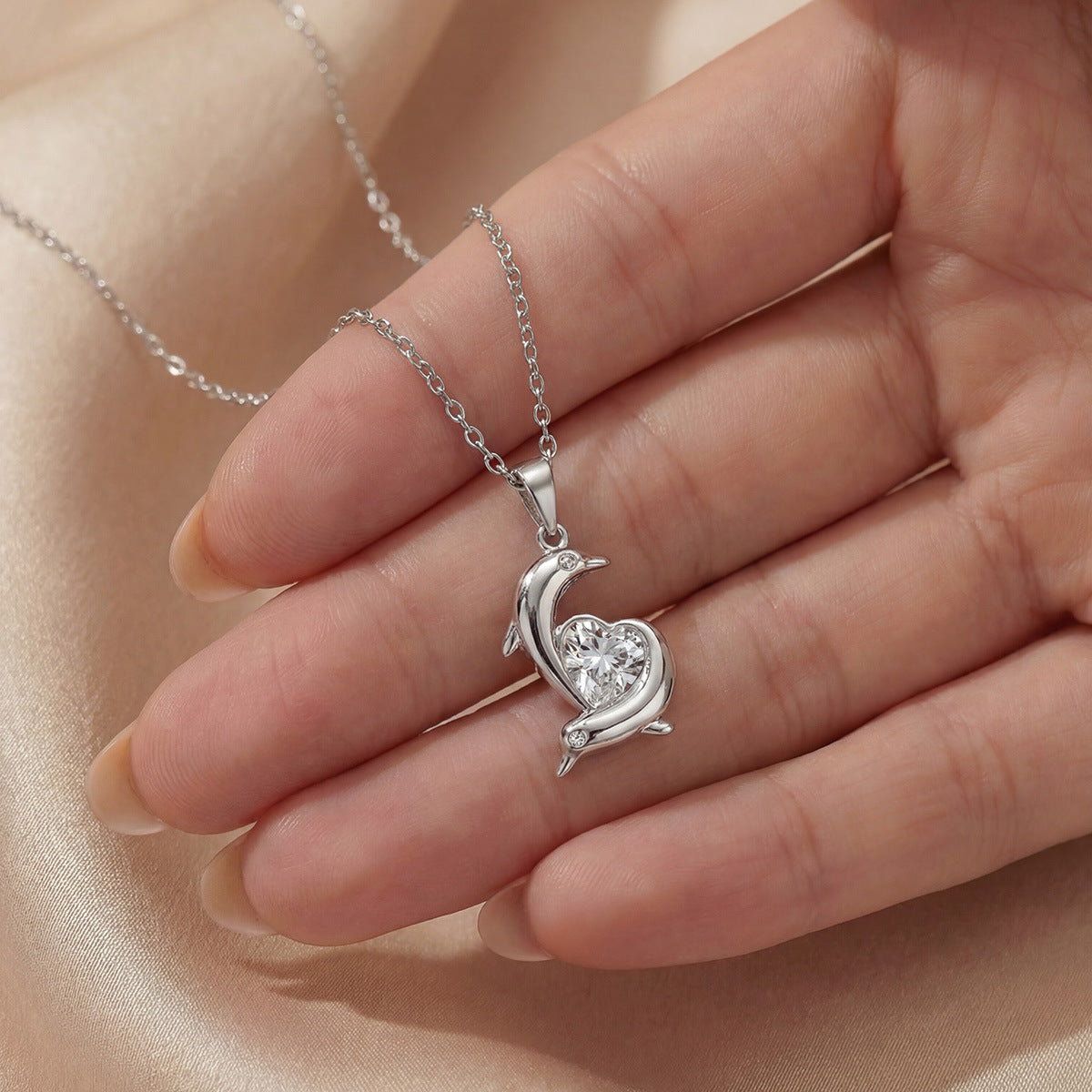 Dolphin Embrace Heart Shaped Moissanite S925 Sterling Silver Pendant Necklace