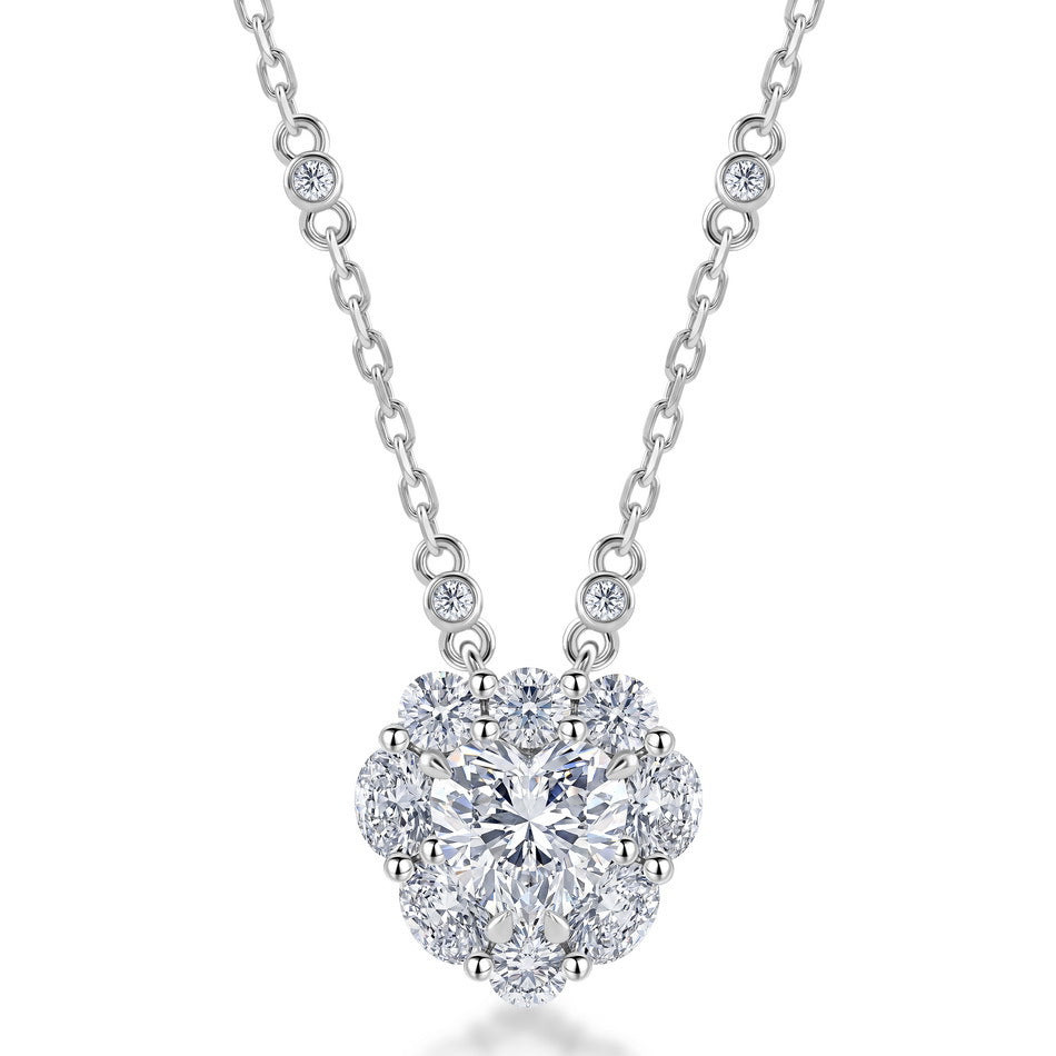 Heart Shape Moissanite Cluster Flower Pendant  925 Sterling Silver Necklace