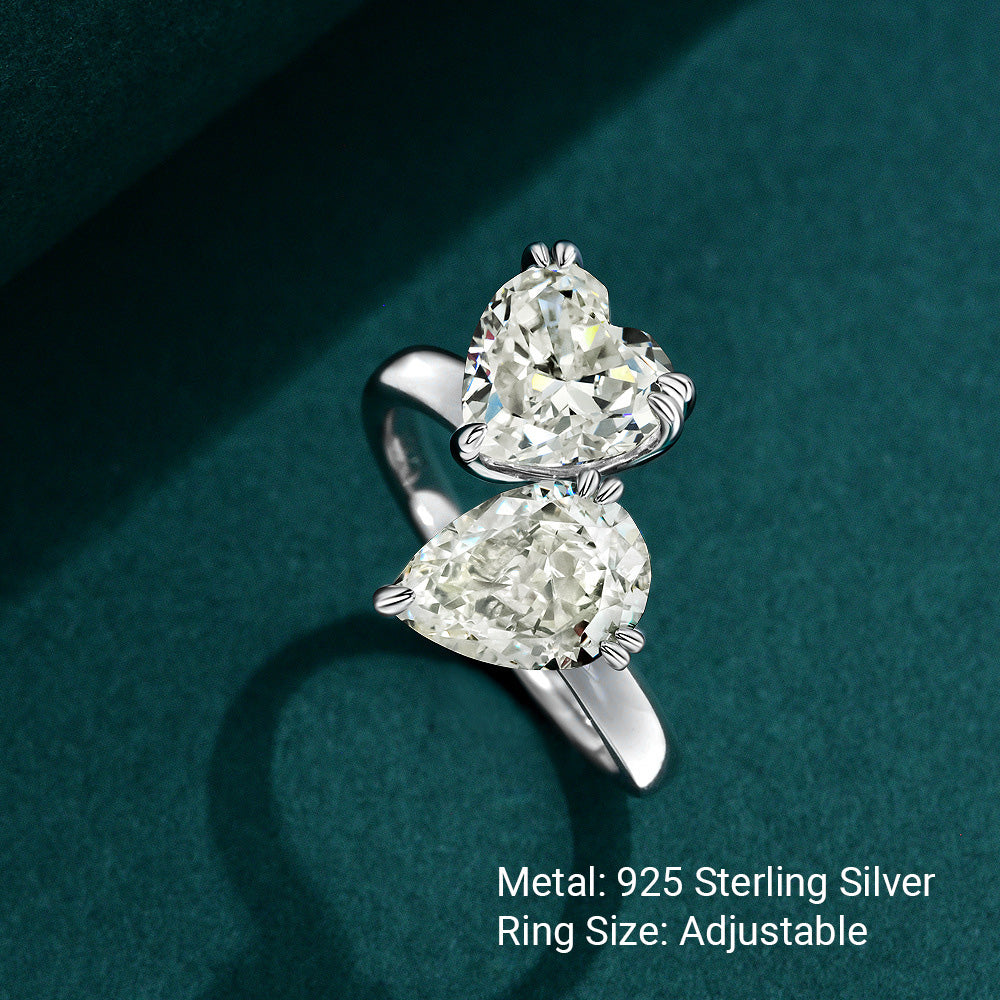 925 Sterling Silver Cubic Zirconia Heart-shaped Pear-shaped cut Gemstones Ring