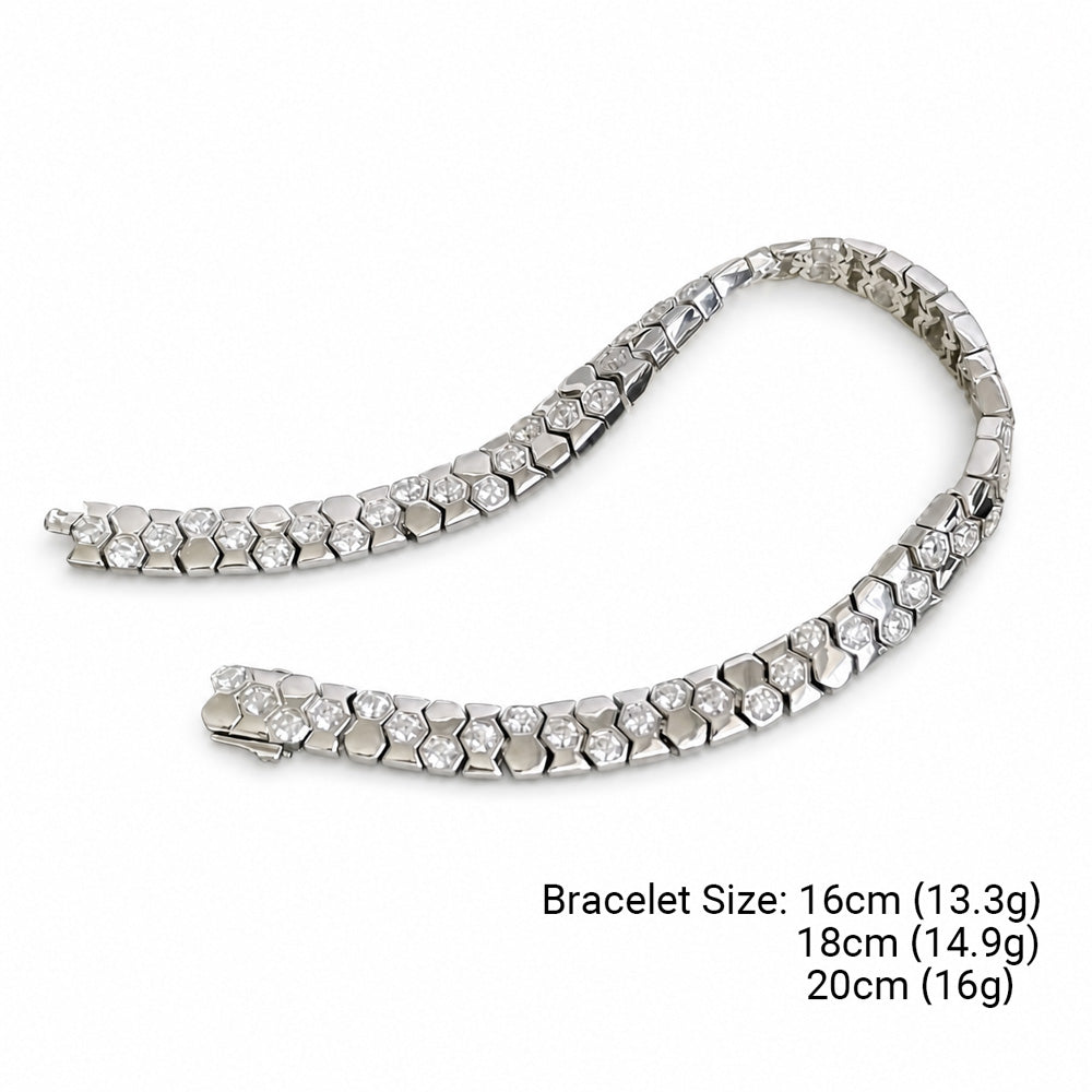 925 Sterling Silver Zirconia Hexagonal Wide Snake Bone Geometric Link Bracelet