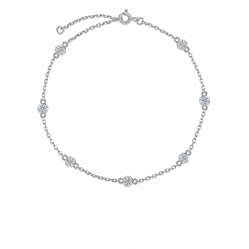 Round Bezel Set Moissanite Silver Chain 925 Sterling Silver Seven Stone Geometric Bracelet