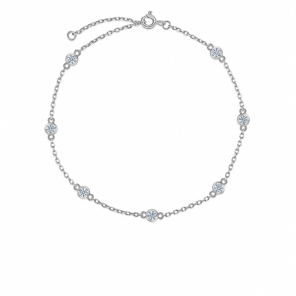 Round Bezel Set Moissanite Silver Chain 925 Sterling Silver Seven Stone Geometric Bracelet