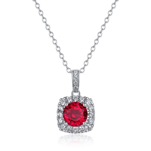 Classic Cushion Halo  With Red Lab Created Ruby Round Center Stone 925 Sterling Silver Pendant Necklace