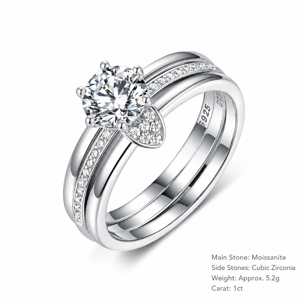 Moissanite 925 Sterling Silver Three Band Bridal  Set Round Six Prong Solitaire Pave Ring
