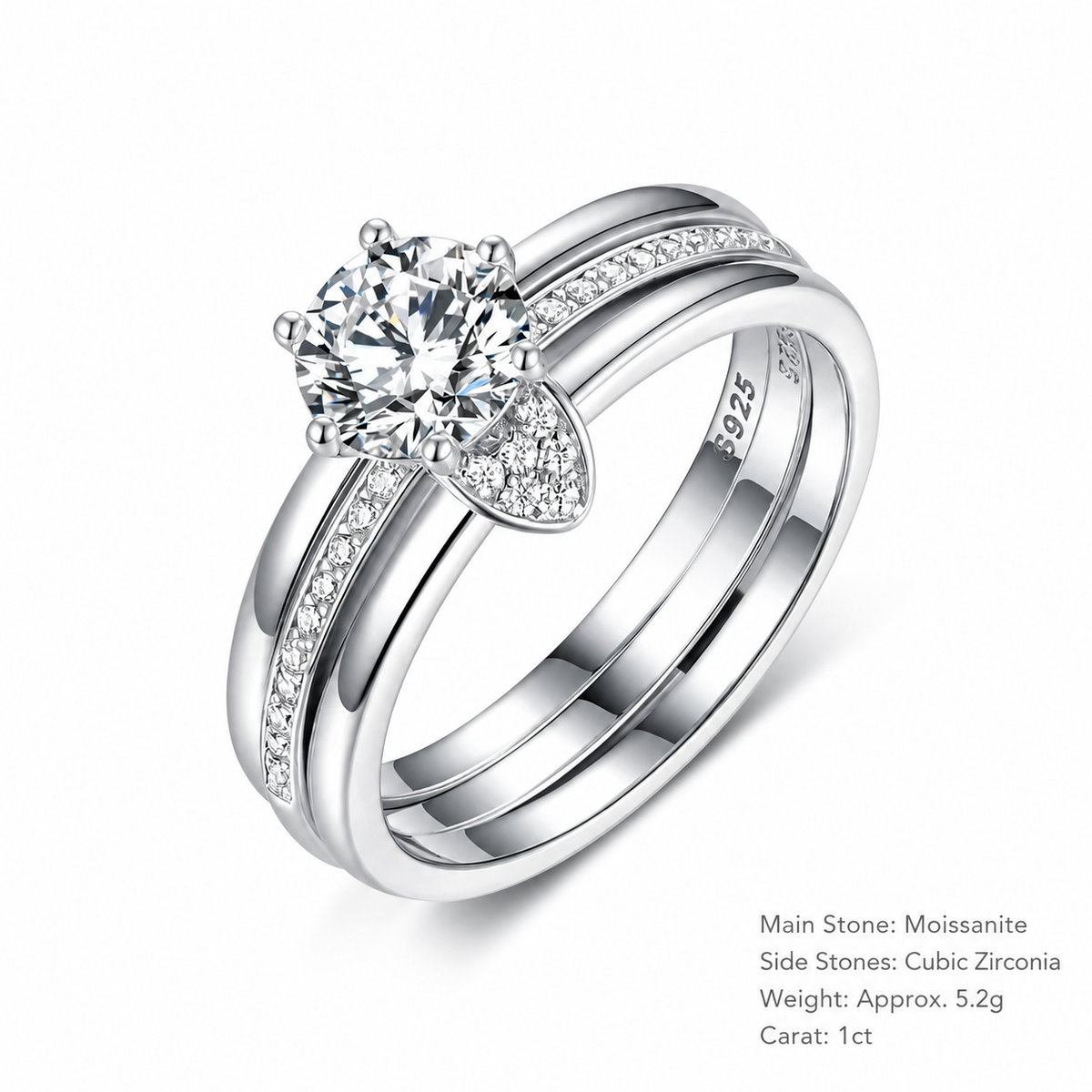 Moissanite 925 Sterling Silver Three Band Bridal  Set Round Six Prong Solitaire Pave Ring