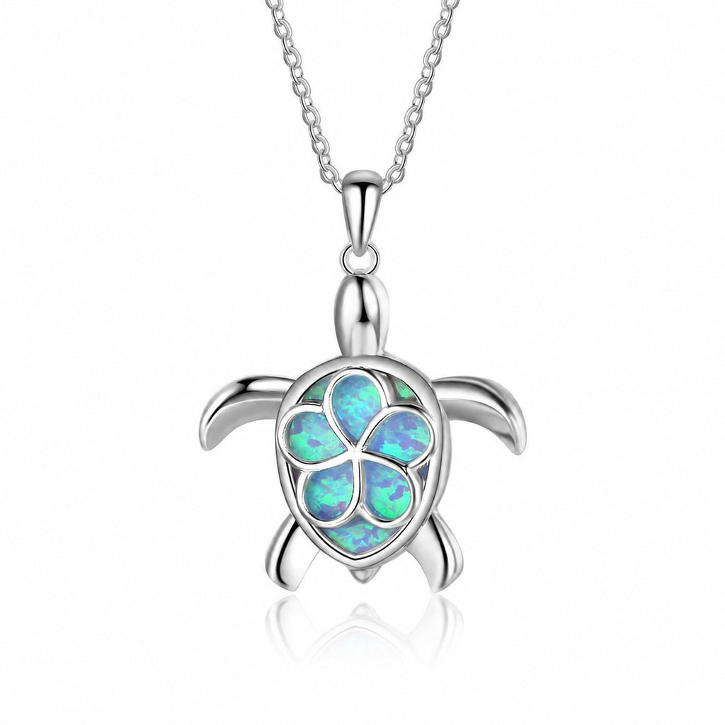 Blue-Green Opal Sea Turtle Pendant Necklace  925 Sterling Silver Animal Necklace
