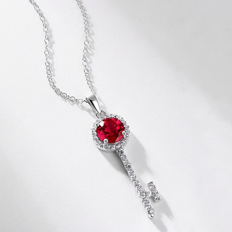 Key Shape Lab-Grown Ruby And Moissanite Halo Pendant  925 Sterling Silver  Necklace
