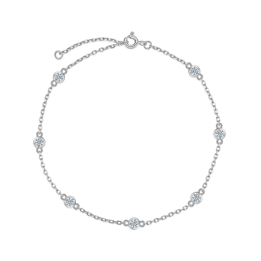 Round Bezel Set Moissanite Silver Chain 925 Sterling Silver Seven Stone Geometric Bracelet
