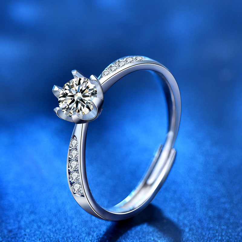 Office Six Claw Moissanite CZ Simple 925 Sterling Silver Adjustable Promise Ring