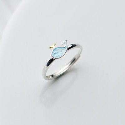Cute Blue Enamel Whale Mini Delicate Ring In S925 Sterling Silver Adjustable Open Ring